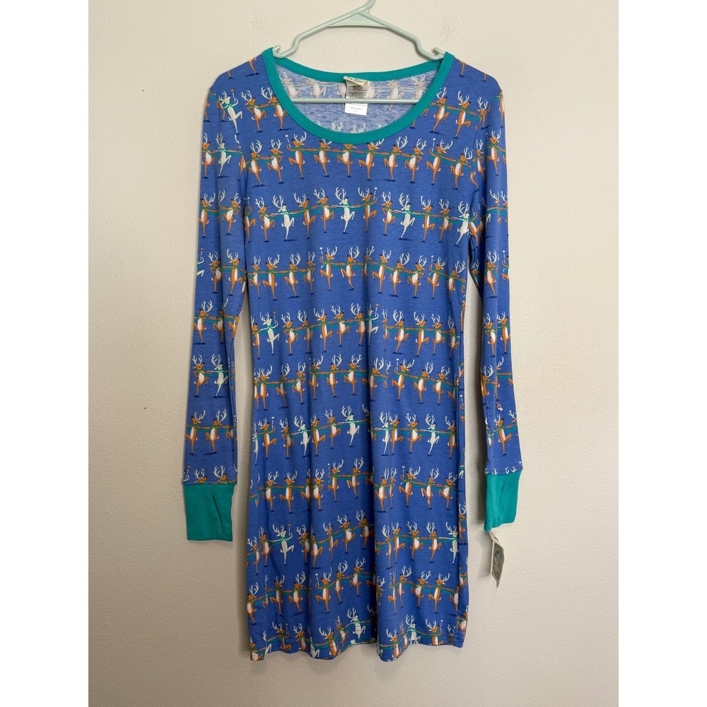 Nite Nite Munki Munki Reindeer Nightgown Blue Long Sleeve Sleep Shirt Small NEW